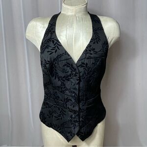 ANNE FONTOINE Retro Vest Floral Embroidery Open Back Halter Neck Sz 40